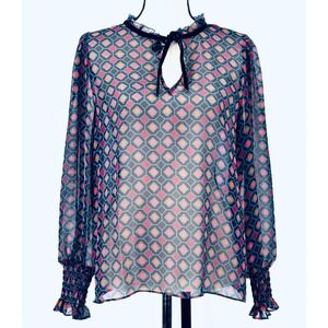 HIGHLINE COLLECTIVE Women's M Black Sheer V-Neck Peasant Top with Long Sleeves